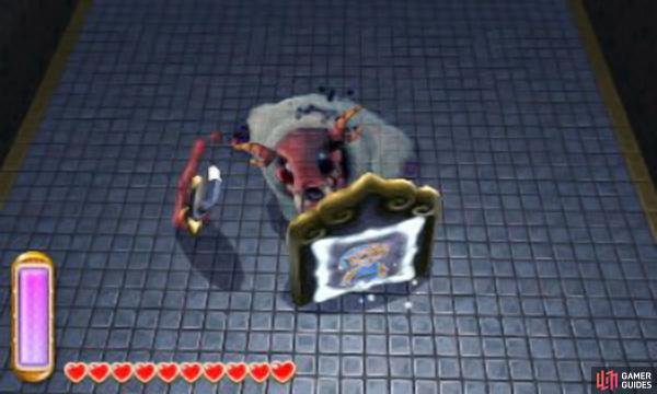 When the battle begins, run up to the boss&rsquo;s shield and merge into it. This will confuse the boss and it will look around for Link, moving its shield behind itself. At this point, emerge and attack the boss from the back. You can use Link&rsquo;s good ol&rsquo; sword or other offensive items, such as the bow.