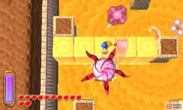 When attacking the boss, remember not to stay on your sandbridge for too long, lest it crumble (unless you&rsquo;ve upgraded the Sand Rod). You can also opt to fire arrows at the boss, but it deals damage slower and consumes the energy gauge, which you should reserve for the Sand Rod.