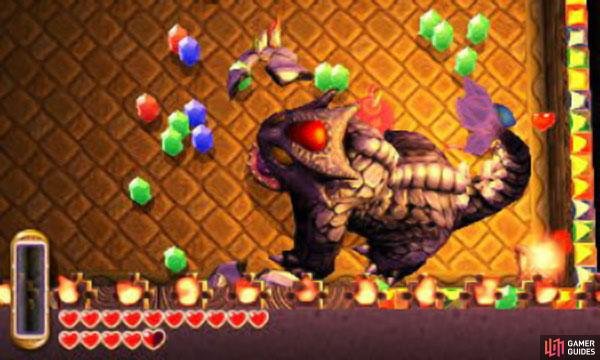 This guy is basically a massive Helmasaur; unlike the little guys, he&rsquo;s much tougher to take down though. At the beginning, keep your distance as the boss stampedes around the room. If the boss gets too close, merge into the wall to avoid getting hit.