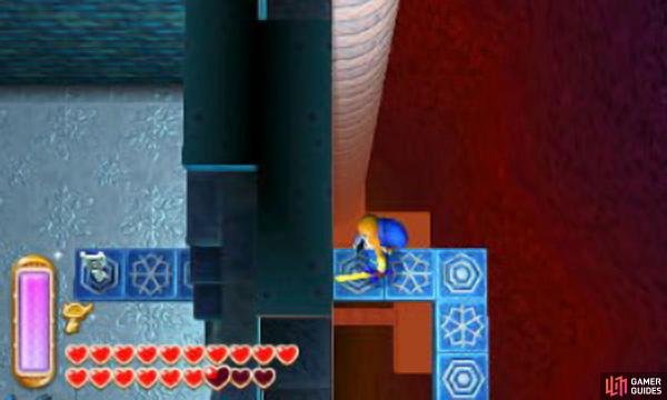 A bouncy Hardhat Beetle will approach from below&ndash;don&rsquo;t hit it carelessly or you&rsquo;ll fly off the pathway; instead attack from a distance or when there&rsquo;s a strip of pathway directly behind you. Follow the pathway up, to the previous screen (B1 north-east); at the end, merge into the wall and walk left to claim the Small Key from before.