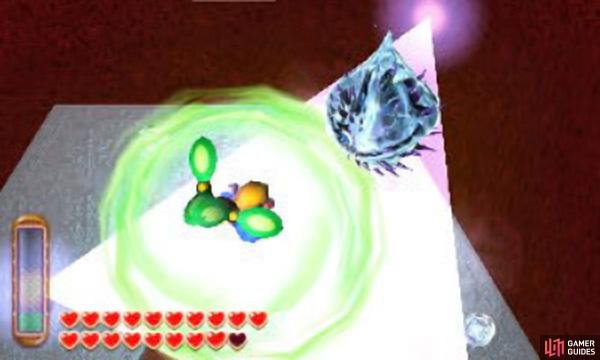 Use the Tornado Rod to dodge his &lsquo;triangle-of-doom&rsquo; attack.