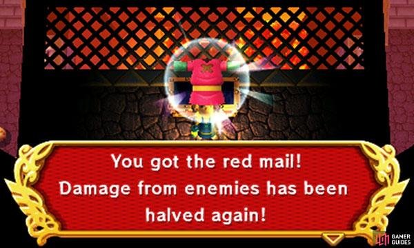 Put out the torches next to the central chest and the way will be revealed, literally. Just below are two narrow glow-in-the-dark platforms, tight ropes even. Carefully make your way down and open the big chest at the end to claim the Red Mail! This awesome clothing further reduces enemy damage to half that of the Blue Mail!