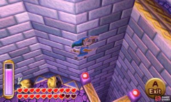 You can drop down here by merging into the wall at the top of the stairs behind you. From here, merge into the wall in the lower level and walk left until you reach the door. Inside you&rsquo;ll find a few very friendly and health-inspiring Fairies to use/place in a bottle.