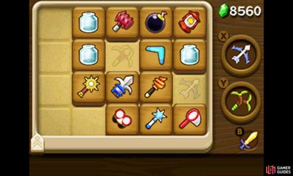 Items can be equipped to the X or Y button from the Item tab on the bottom screen. When you&rsquo;re controlling Link, press the X or Y button to use the items equipped to those buttons.