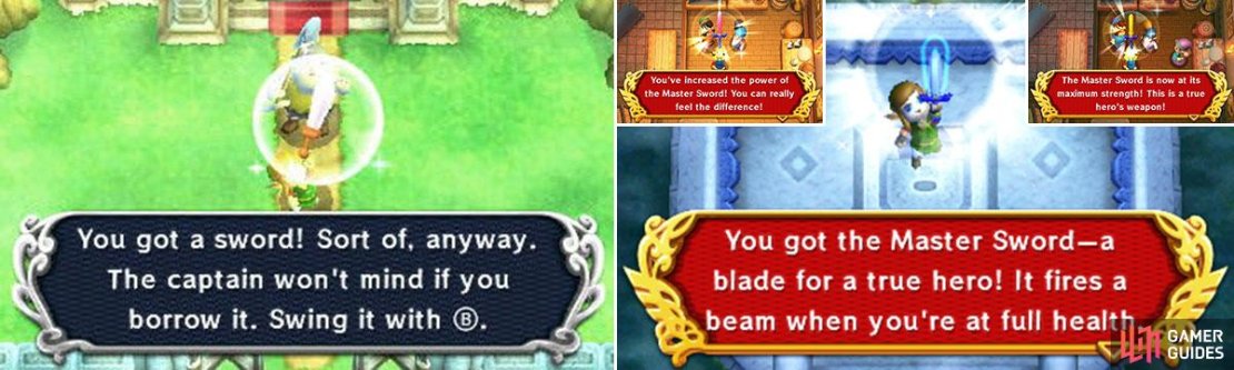 Obtained: After visiting the Sanctuary How to use: B Button Upgrade and how: Master Sword (complete the first three dungeons) How to Upgrade the Master Sword: (2 Master Ores per extra level of damage)
