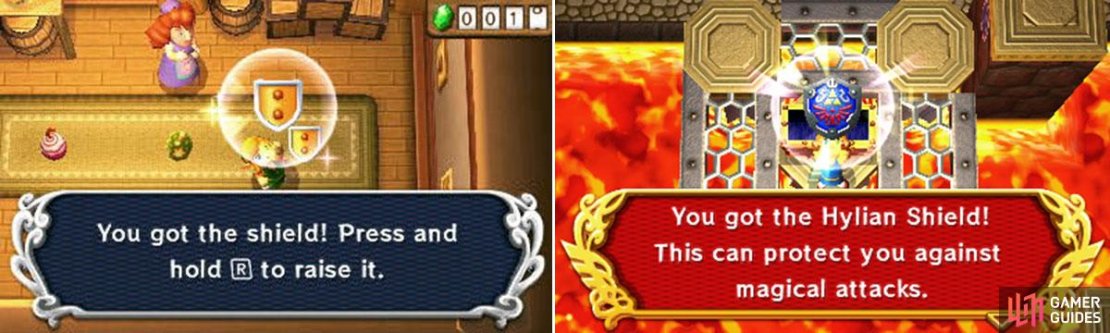 Obtained: Item Seller (Kakariko Village or Lake Hylia) How to use: R Button Upgrade and how: Hylian Shield (Turtle Rock)