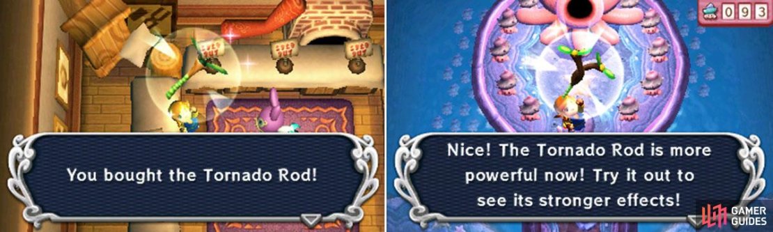 Obtained: Ravio&rsquo;s Shop  Rent fee: 20 Rupees (discount)  Purchase fee: 800 Rupees  Upgrade and how: Nice Tornado Rod (Mother Maimai)