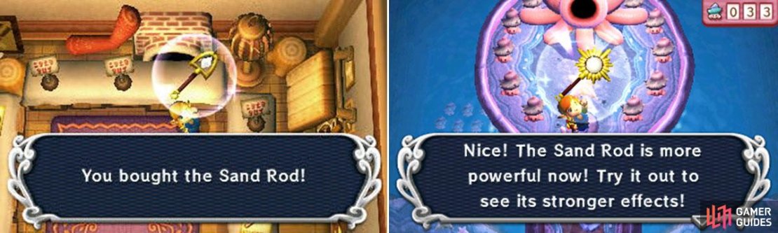 Obtained: Ravio&rsquo;s Shop (after completing the Thieves&rsquo; Hideout dungeon)  Rent fee: 50 Rupees  Purchase fee: 800 Rupees  Upgrade and how: Nice Tornado Rod (Mother Maimai)