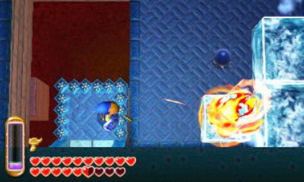 Point your Fire Rod diagonally top-right, then let loose a fireball, melting most of the ice cubes below and revealing a round switch. If you&rsquo;re feeling skilled, chuck a bomb diagonally top-right to trigger the round switch from here; otherwise, you can hit the switch when come back around to this room again.