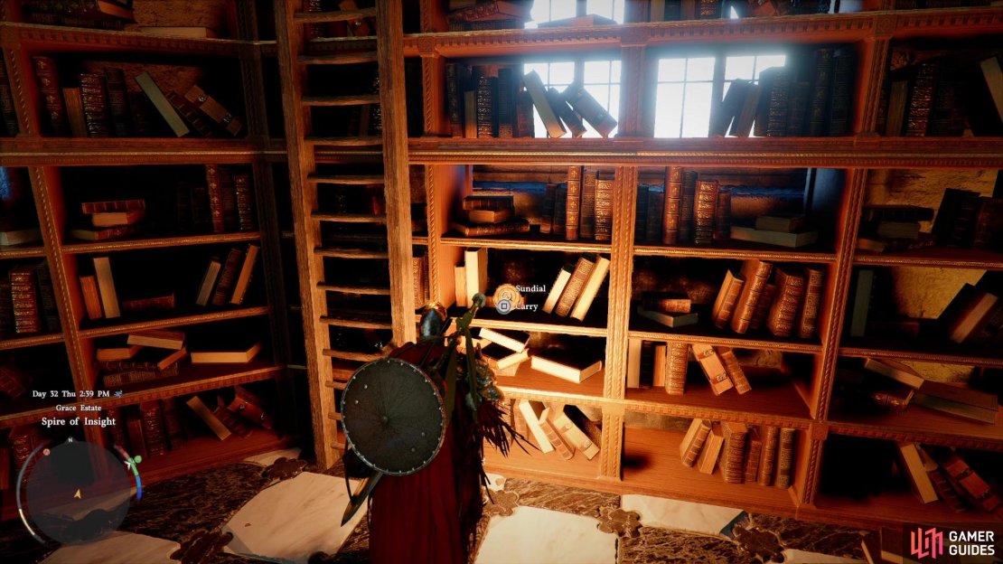 For the puzzle, search the shelves near a ladder to the north to find a Sundial,