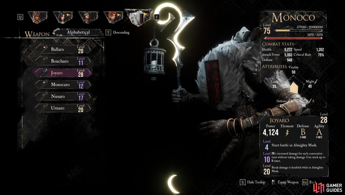 Monoco wields a Staff-like Lamp weapon that allows him to briefly shapeshift to perform his skills.