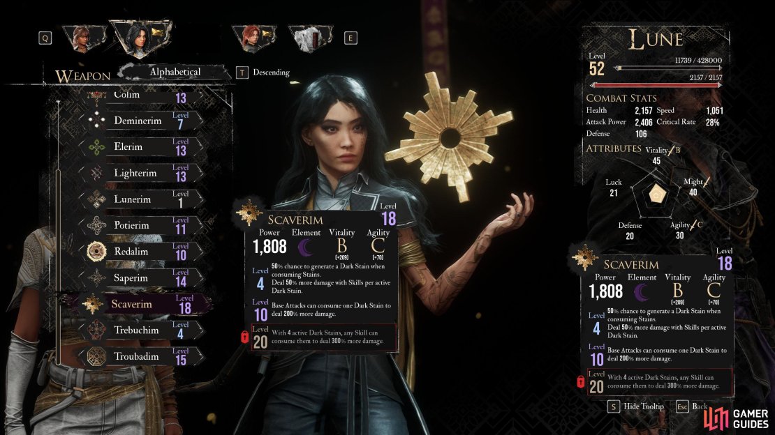 Scaverim is arguably the best weapon for Lune, but you won&rsquo;t get this until later. Lighterim is good for now.