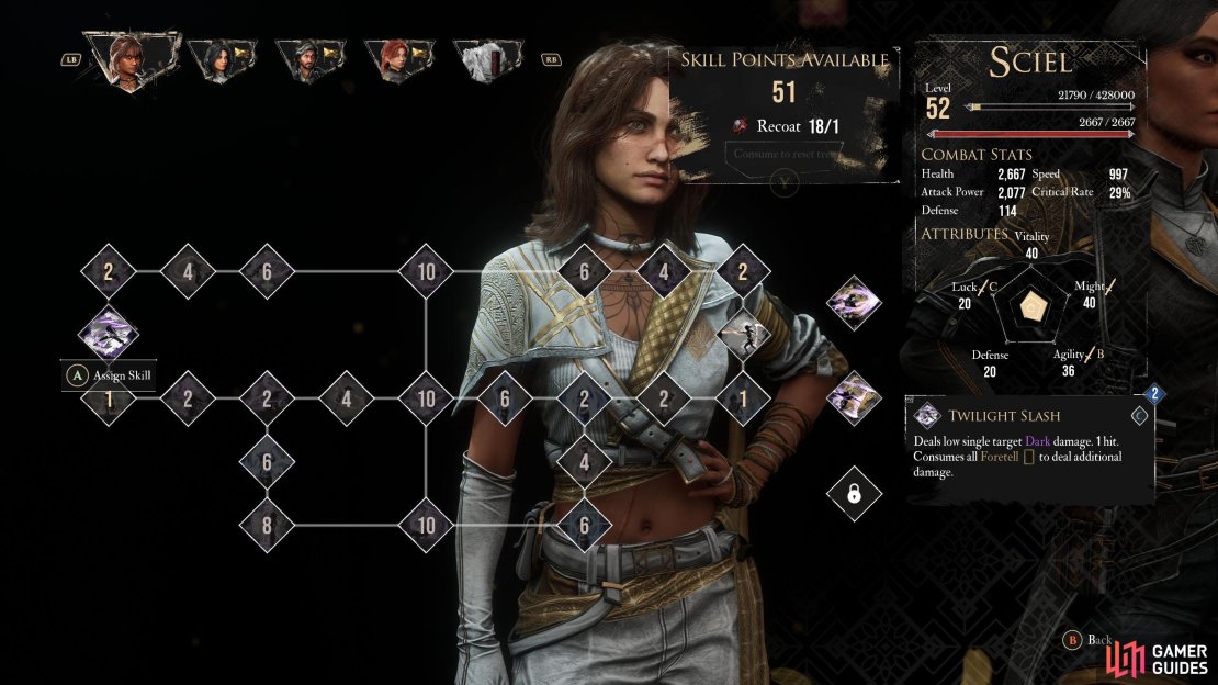 All of Sciel&rsquo;s strongest skills cost 10 skill points and will appear in the center of the tree.