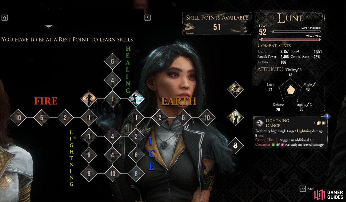 Lune&rsquo;s Skill Tree is separated by groups of elements. These are Healing, Fire, Ice, Lightning, and Earth.