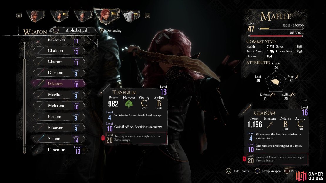 When fully upgraded, Tissenum is the strongest weapon for Maelle in the game.