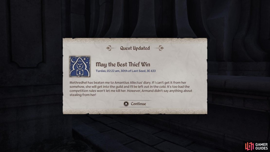 If Methredhel gets to the diary first, the game will tell you via updating the quest.