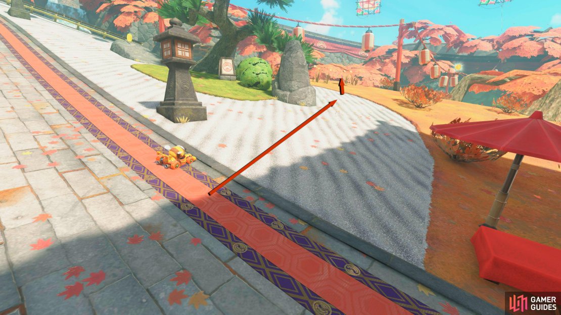 At the start, drive right on the garden path.