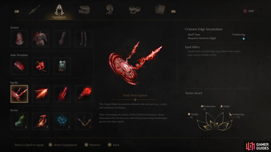 The good thing about Feathering focus attributes is you get a lot of spell synergy. Image via Gamer Guides / 505 Games.