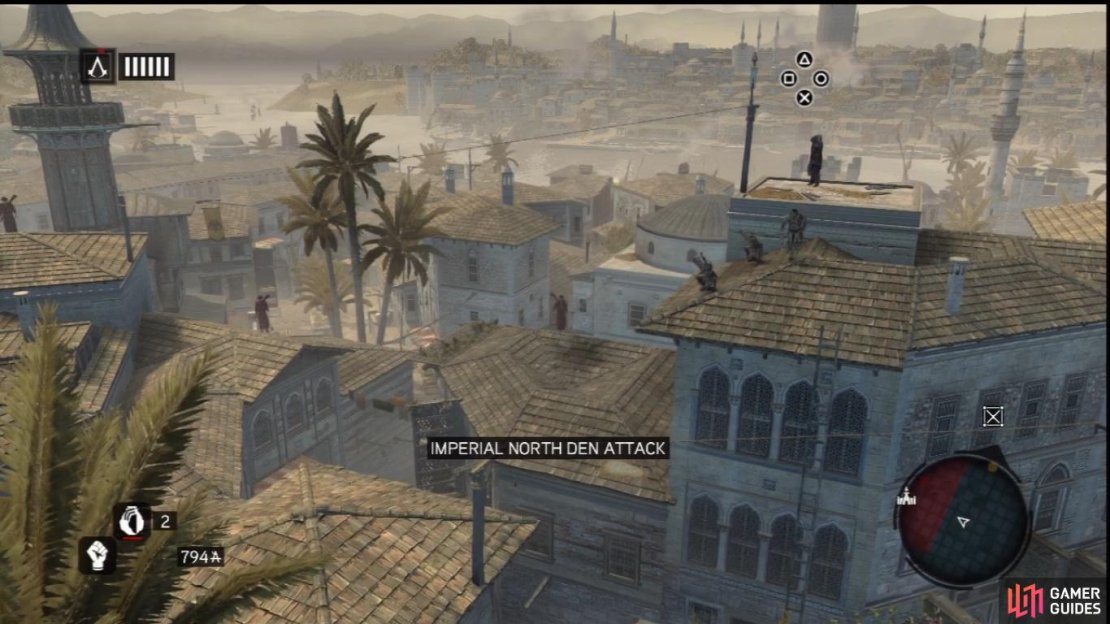 As you can see, the ziplines provide another angle of attack for the Assassins of Constantinople. By controlling your movement via the profile system (as in high and low profile), you can slow yourself down to make it past patrolling rooftop Templars undetected, then press the R1/R button to speed up and leap from the zipline into a graceful Zipline Assassination.  Some of the ziplines dotted around areas of Constantinople also have Animus Data Fragments on them, so be sure to keep an eye out and use Eagle Sense to tag them for collection later if you don&rsquo;t feel like grabbing them right away.