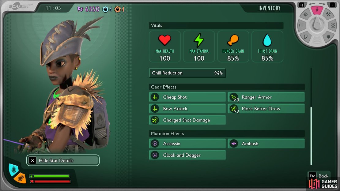 Here&rsquo;s an example of your bonus stats with the Bee and Marksman Cap on. Image via Gamer Guides / Obsidian.