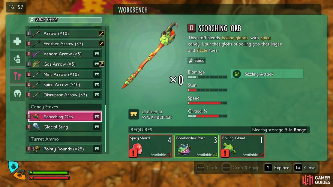 Spicy Shards are often used for Mage gear, and some Spicy Arrows for archers too.  Image via Gamer Guides / Obsidian.