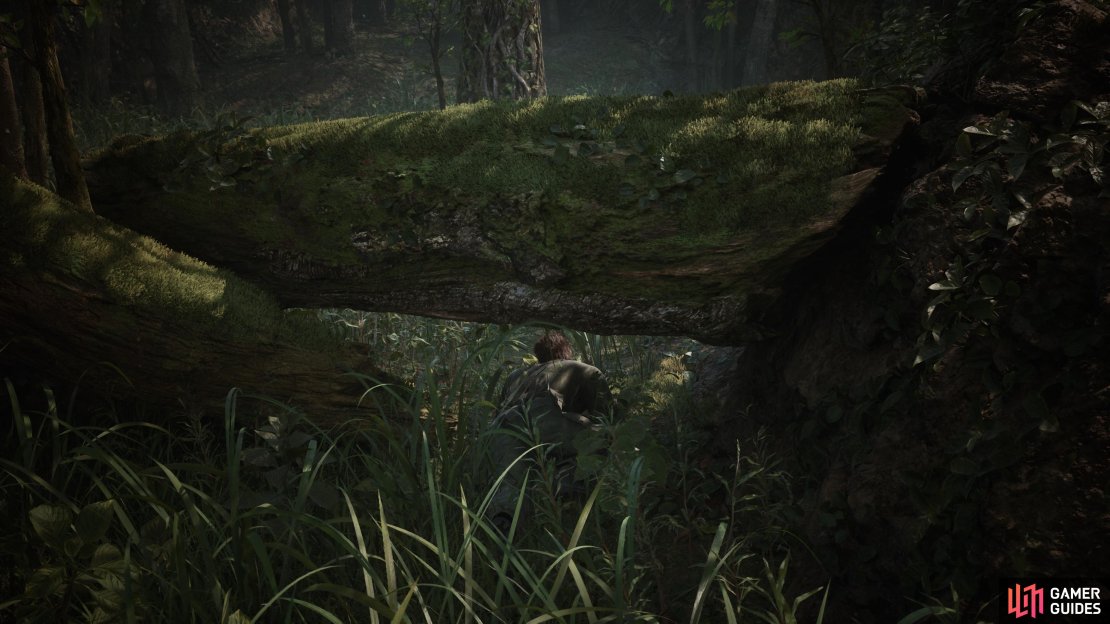 Go prone to crawl underneath the log at the start.