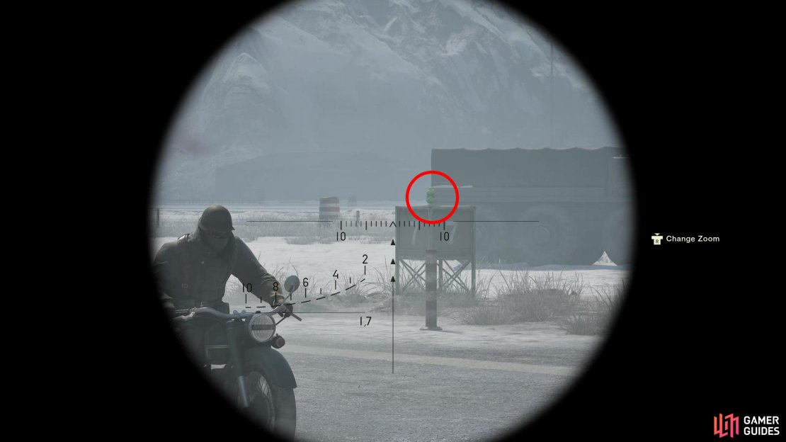 During the first Groznyj Grad Runway screen, aim back and right to spot this Kerotan atop the &ldquo;7&rdquo; sign.