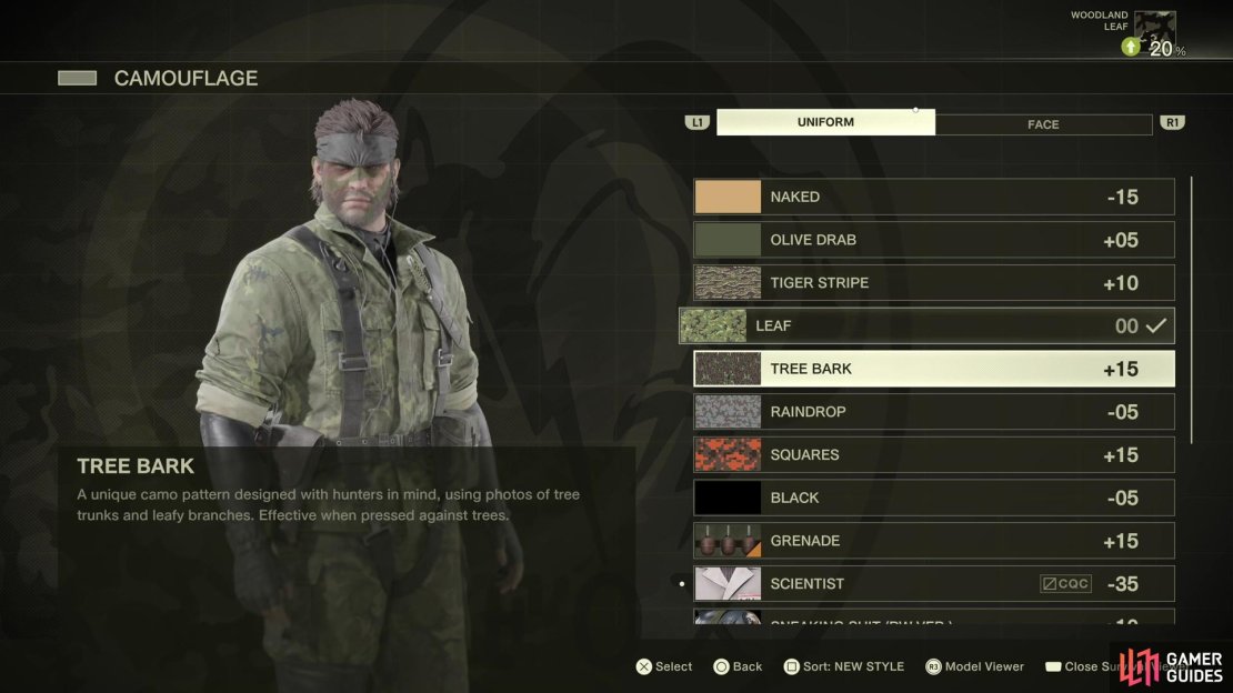 The Tree Bark camo works well in this situation, along with the Splitter face paint.
