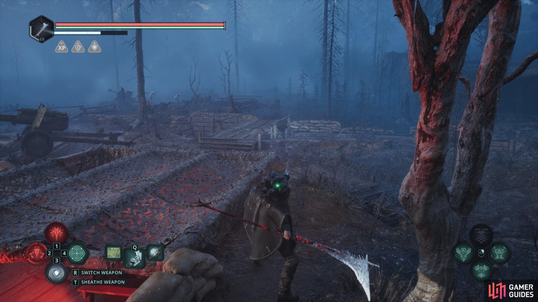 Head across the top of the trenches to the northeast.