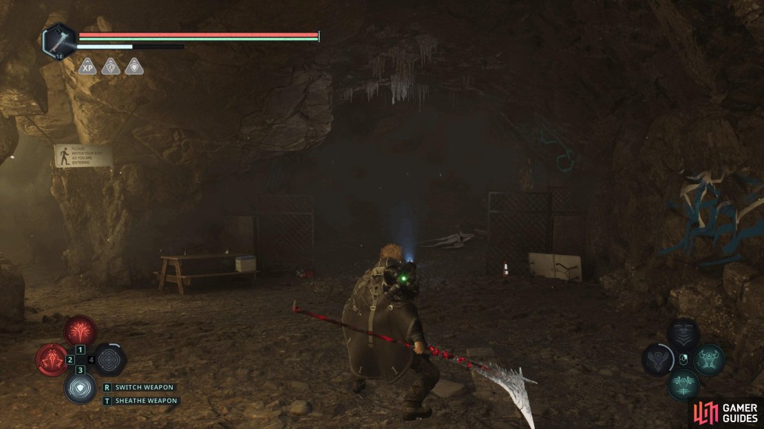 Behind the gate is a cave. Go straight on, and turn right at the fence.