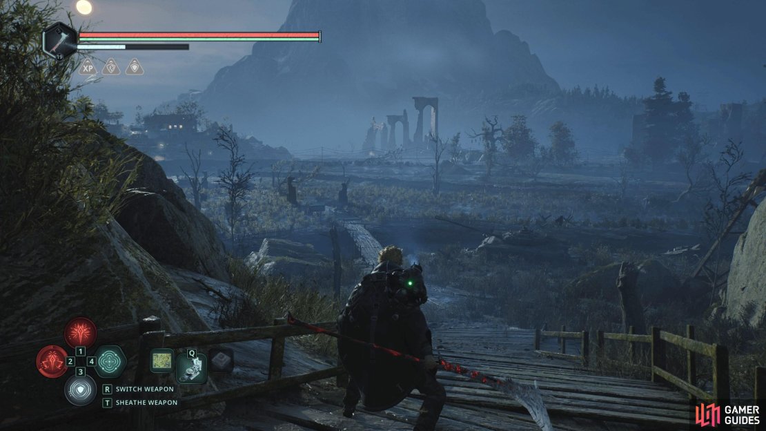 Go north across the wooden bridge to the road outside Jova and then follow the road northeast.