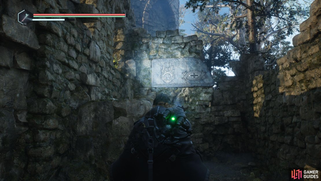 For the puzzle, head behind the last pedestal and go left to find a broken plaque. The first two symbols are here.