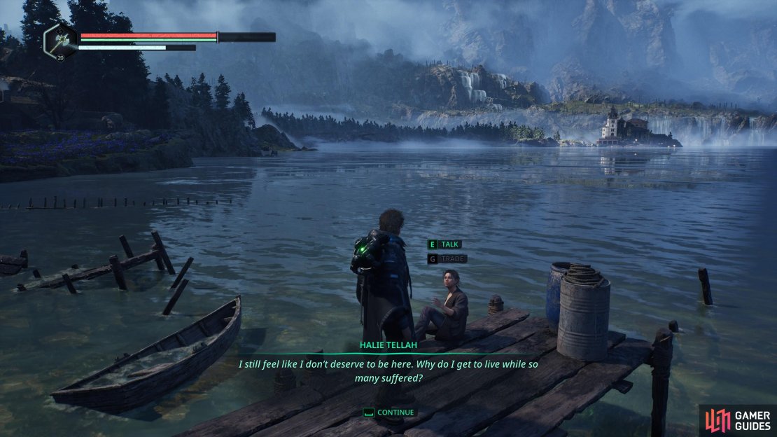 After helping Halie out in Love Thy neighbor, she is found sitting by the fisherman&rsquo;s pier in Lake Cynon. Image via Gamer Guides/ Nacon.