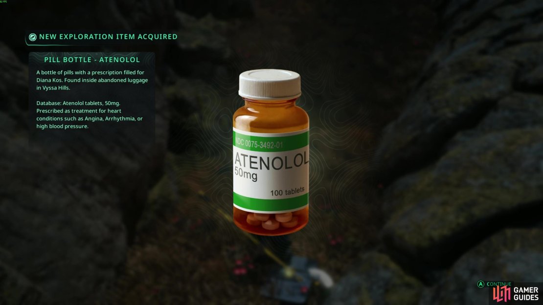 Grab the Atenolol bottle from the luggage behind the Serpents body monument near the time loop. Image via Gamer Guides.