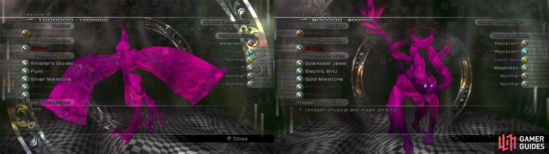 Skata&rsquo;ne is very weak to Fire attacks. It drops the essential Enlister&rsquo;s Gloves. Hanuman can be brought down using Wind attacks.
