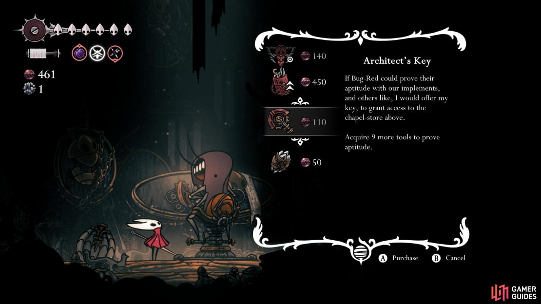 You need to access the Architect Trader and get enough Tools in your inventory before you can purchase the Architect&rsquo;s Key. Image via Gamer Guides / Team Cherry.