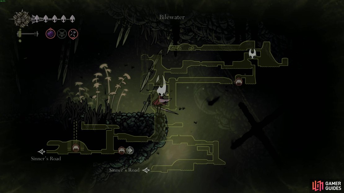 Here&rsquo;s a rough idea of the directions you need to go to get to the final stint and bench before the Seekers Soul boss room coming up. Image via Gamer Guides / Team Cherry.