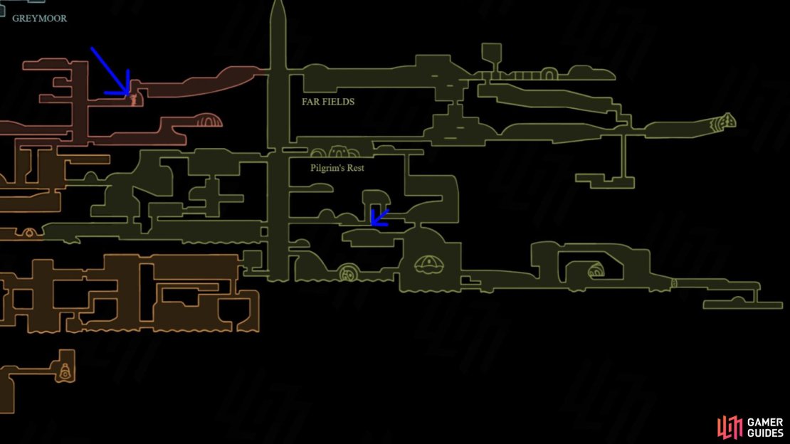 Here&rsquo;s the two areas you need to head to access the two major Far Field Secret Areas in Hollow Knight Silksong. Image via Gamer Guides.
