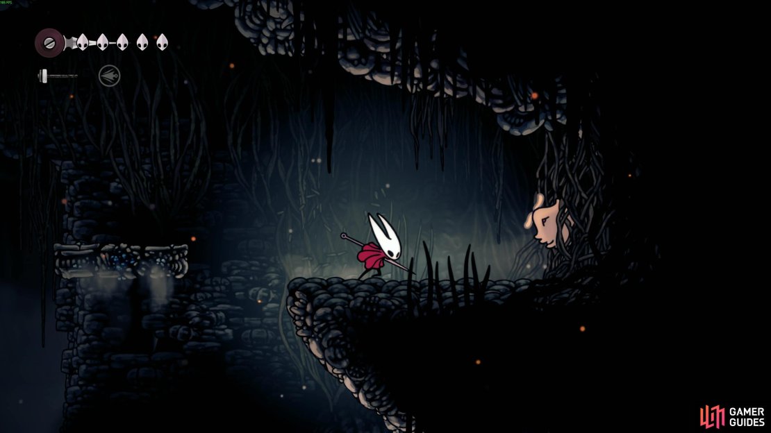 Head in a sort of upwardly direction to find a flea location by the cliff edge in the Marrow&rsquo;s northern central region. Image via Gamer Guides / Team Cherry.