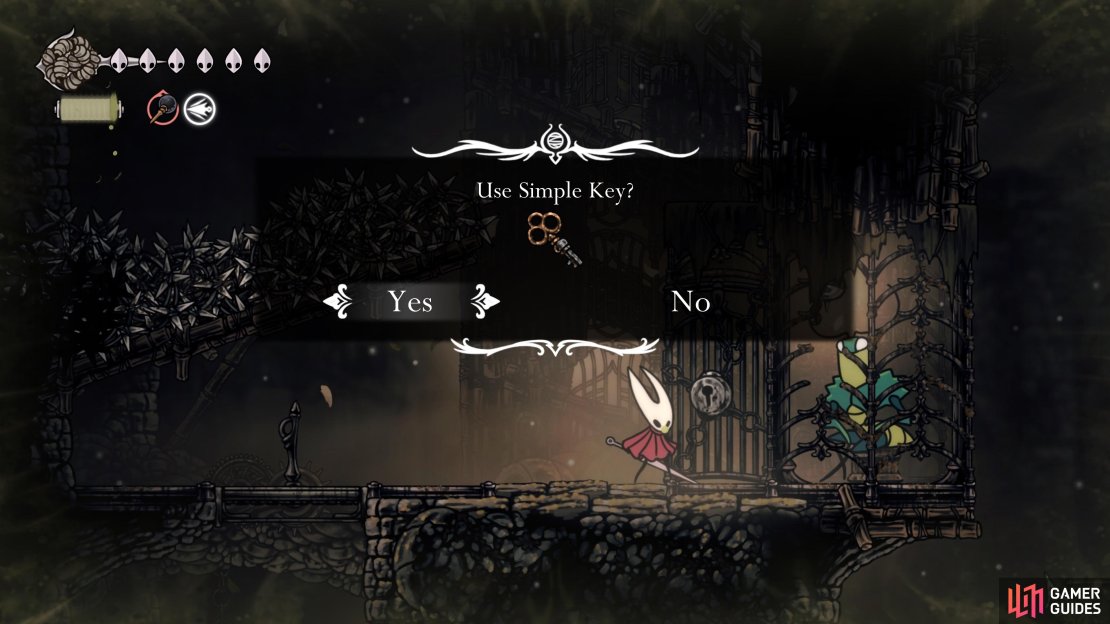You may choose to use the key from Greymoore to open the Green Prince&rsquo;s cells in the Sinner&rsquo;s region. Image via Gamer Guides / Team Cherry