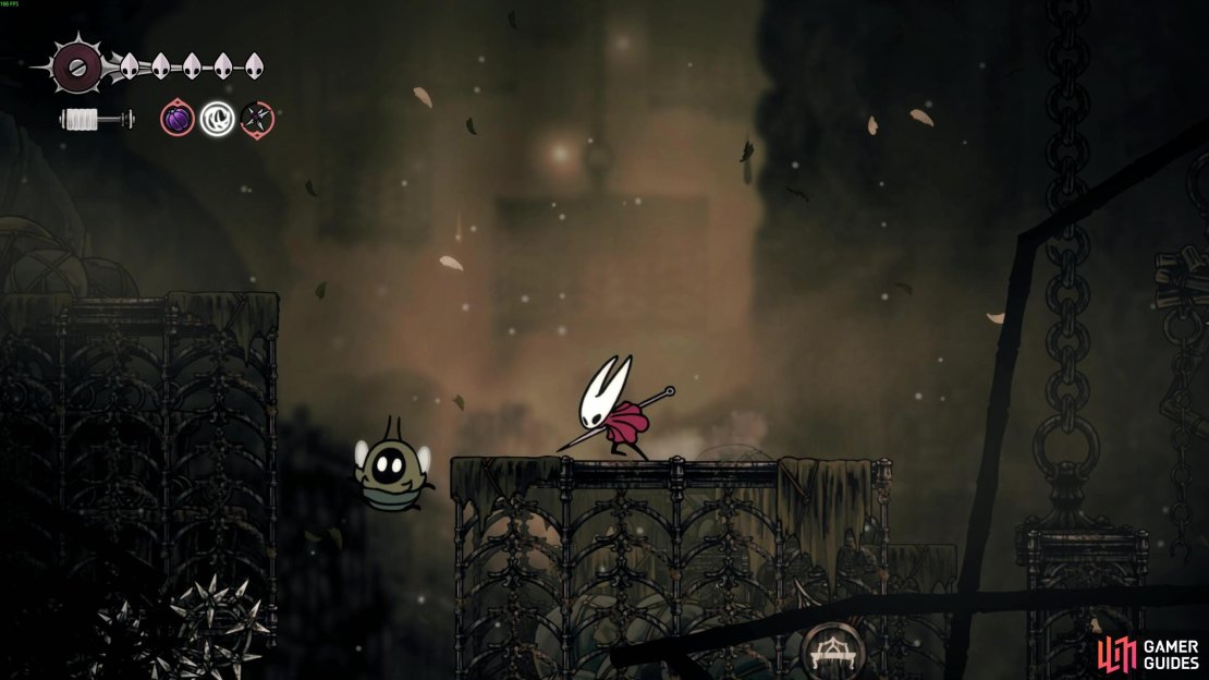 Enter the main vertical room and procced up and left via the swinging blades and bird enemy platforms. Image via Gamer Guides / Team Cherry.