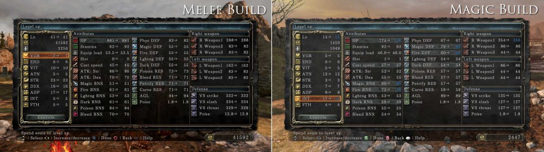 An example of a Melee-focused build&rsquo;s stats versus those of a Magic-focused character.