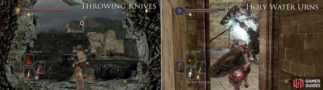 Throwing Knives are great for long corridors; whilst Holy Water doesn&rsquo;t go as far but hits harder.