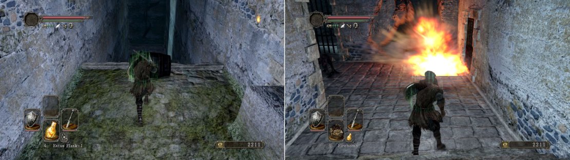 Push the barrel downstairs by walking into it. If it doesn&rsquo;t explode by itself then throw an explosive firebomb at it to set it off, opening up the wall in front of you.