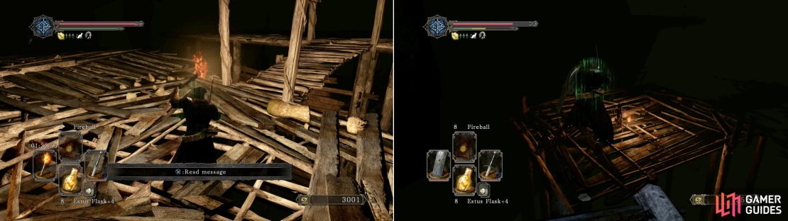 Smash the pot in the corner, turn back a bit and then perform a running jump off the edge and to the platform down below (there&rsquo;ll be two undead on this new platform).