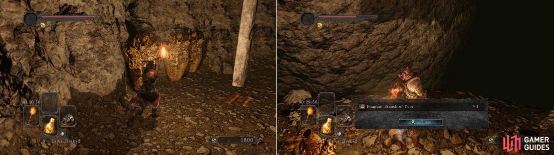 Roll through these acid-holding pots without any armor on as so not to damage them! There&rsquo;s a Fragrant Branch of Yore and the entrance to the Black Gulch waiting for you on the ground at the other side.