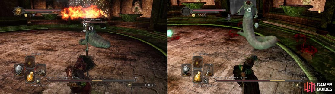 Jester does some SERIOUS damage to her, but it WILL remove most of the challenge for this fight if you don&rsquo;t do it solo (left pic).