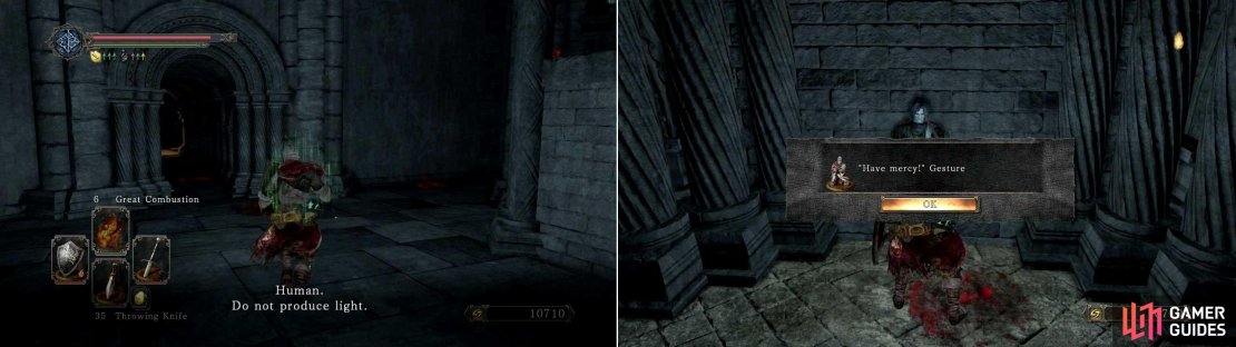 Warning! Before entering the next area DO NOT use any torches or light-emitting spells as you&rsquo;ll have three enemies and a normally helpful NPC after you!