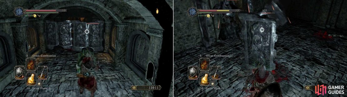 Further down the corridor you&rsquo;ll reach a blockade. This is in fact two Imperious Knights who are one-handing two massive shields.