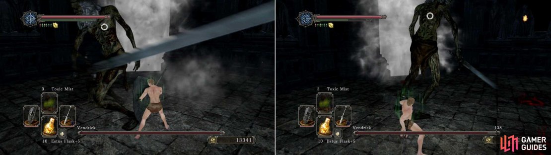 Using a massive Greatshield with loads of poise can prevent a one-hit kill; but you&rsquo;ll suffer a massive loss in stamina with none left to dodge with if he attacks a second time.